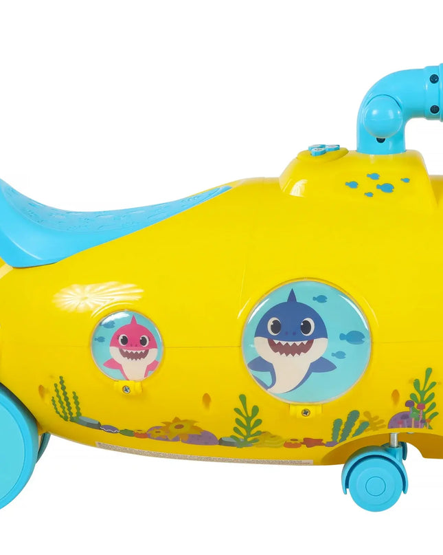 Yellow toy submarine with blue accents featuring cartoon characters on a white background