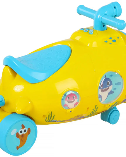 Yellow toy submarine with blue accents on a white background