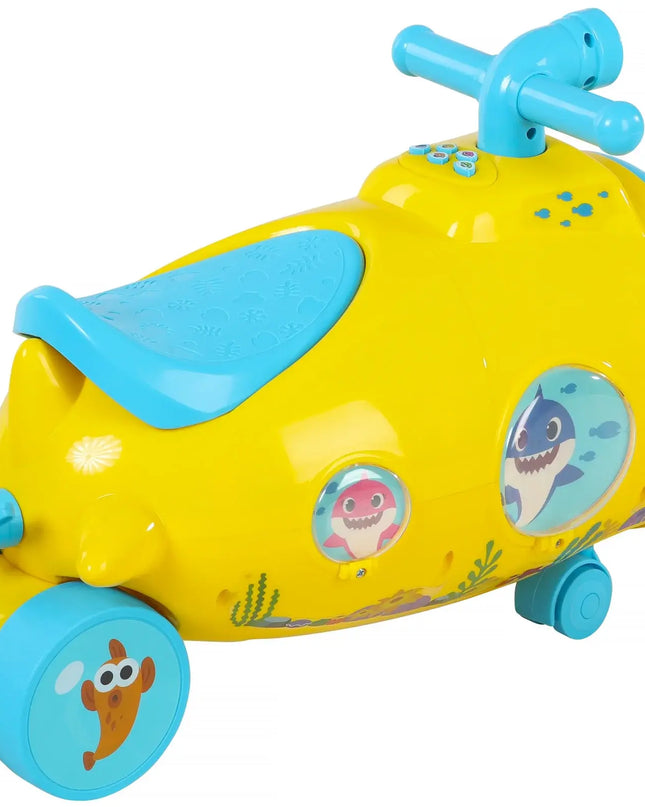 Yellow toy submarine with blue accents on a white background