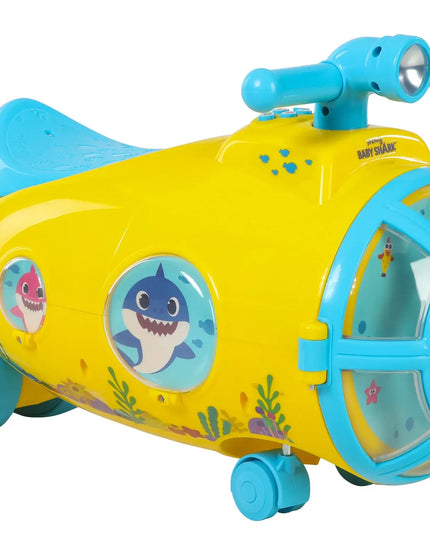 Yellow toy submarine with blue accents featuring Baby Shark characters on a white background