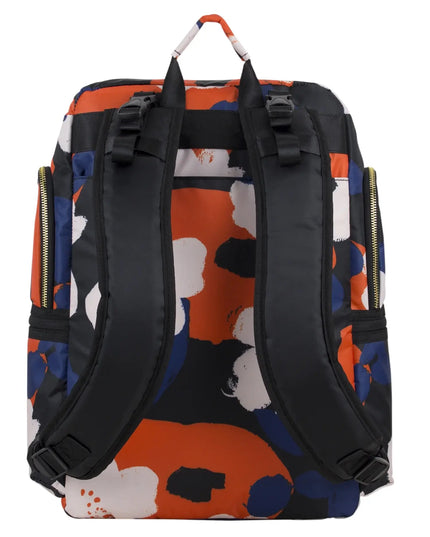 Backpack with colorful abstract pattern on a white background