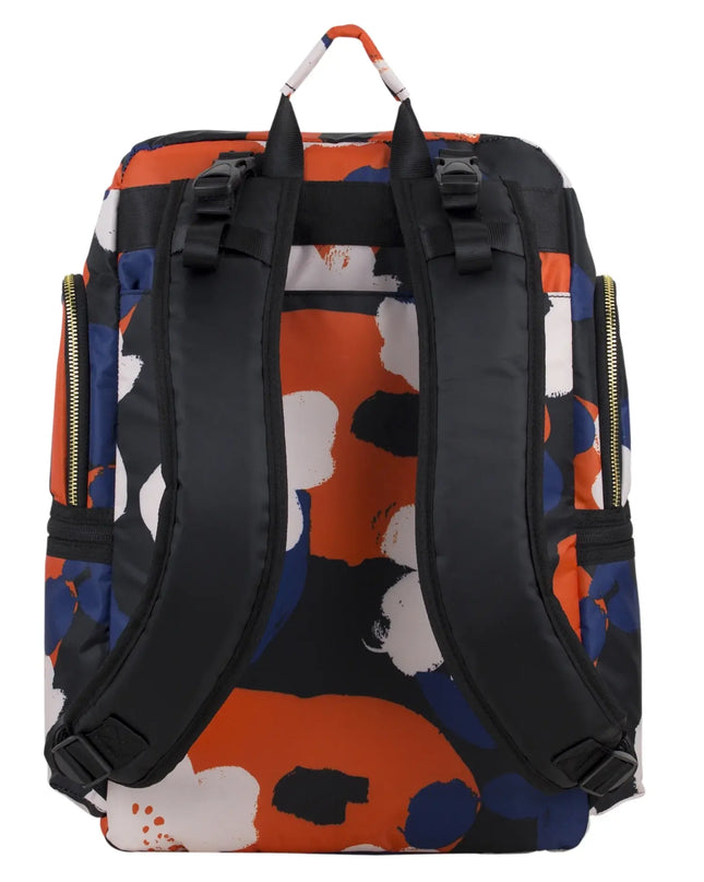 Backpack with colorful abstract pattern on a white background