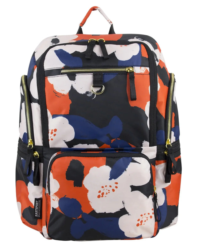 Floral patterned backpack with orange, blue, and white colors on a white background