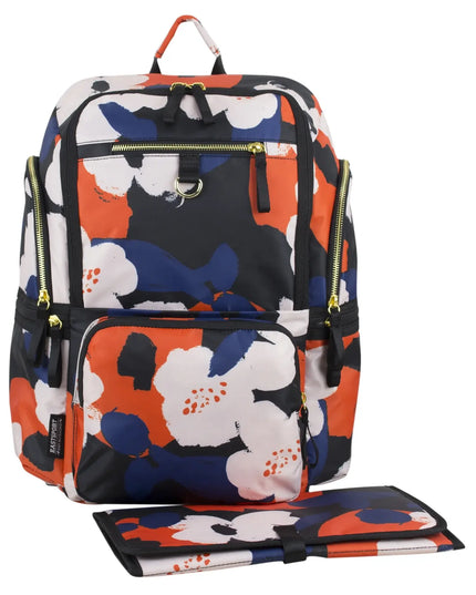 Floral-patterned backpack with a matching pouch on a white background