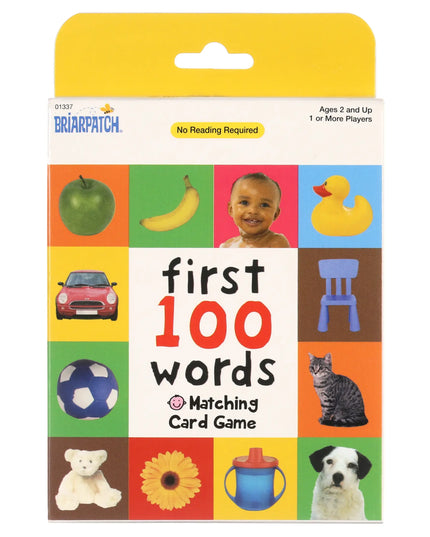 Briarpatch 'First 100 Words' matching card game packaging with colorful illustrations and a child's face.
