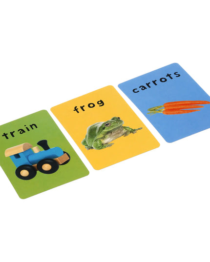 Set of educational flashcards with images and words on a white background