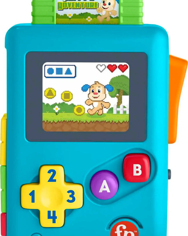 Children's educational toy with a screen displaying graphics and buttons labeled 1, 2, 3, 4, A, B, and fp.