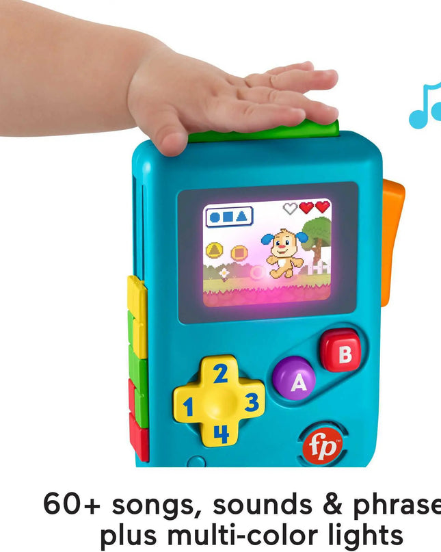 Colorful toy with screen and buttons, held by a child's hand, on a white background.