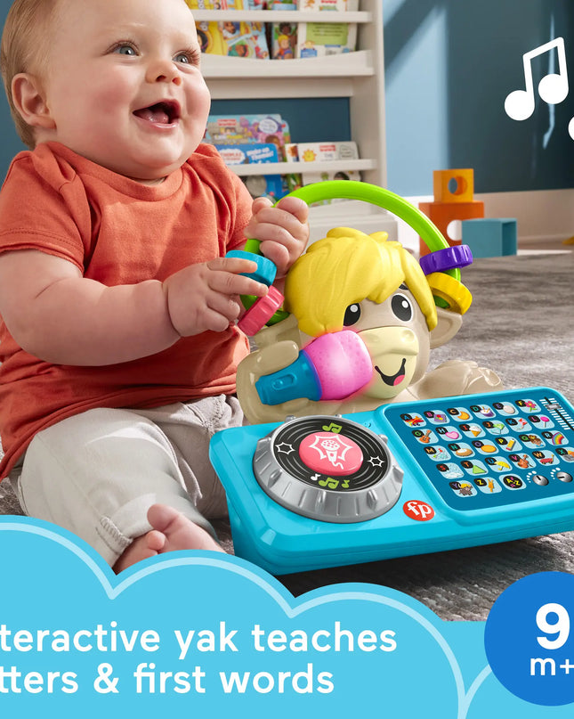 Baby playing with an interactive toy yak in a room with books and toys.