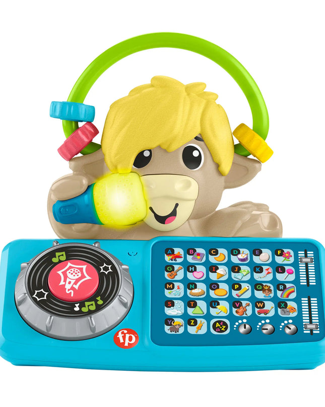 Toy lion with headphones and a control panel on a white background
