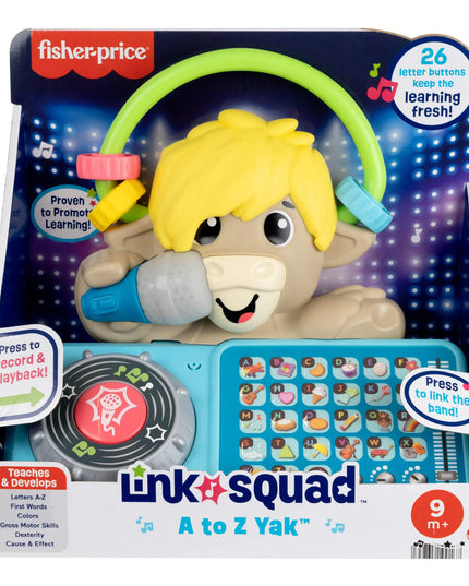 Fisher-Price Link Squad A to Z Yak toy packaging with colorful design and character on a blue background