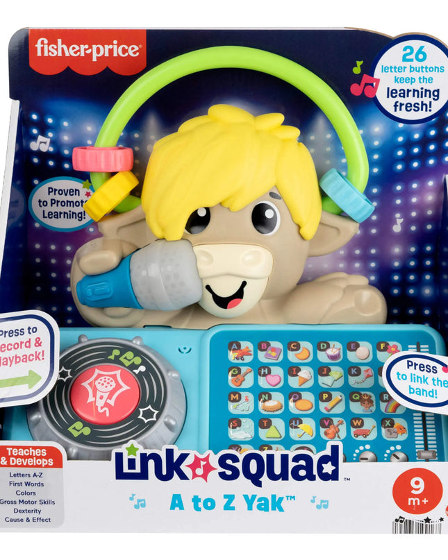 Fisher-Price Link Squad A to Z Yak toy packaging with colorful design and character on a blue background