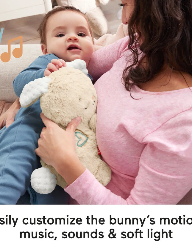 Baby holding a plush bunny toy with a woman, text about customizable features.