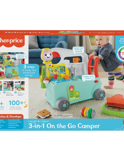 Fisher-Price 3-in-1 On the Go Camper toy set packaging with a child playing.