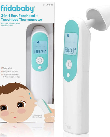 FridaBaby 3-in-1 thermometer with packaging on a white background