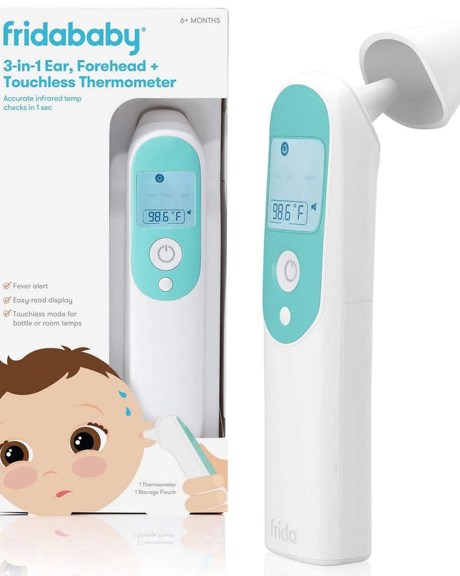 FridaBaby 3-in-1 thermometer with packaging on a white background