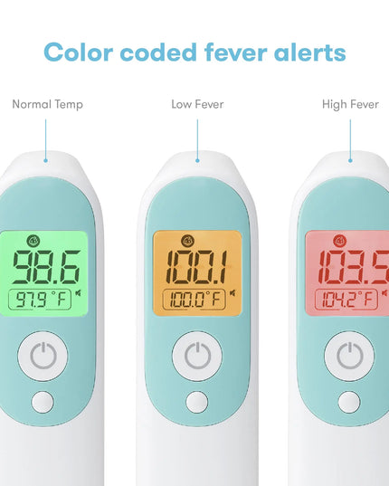 Three digital thermometers with color-coded fever alerts on a white background.