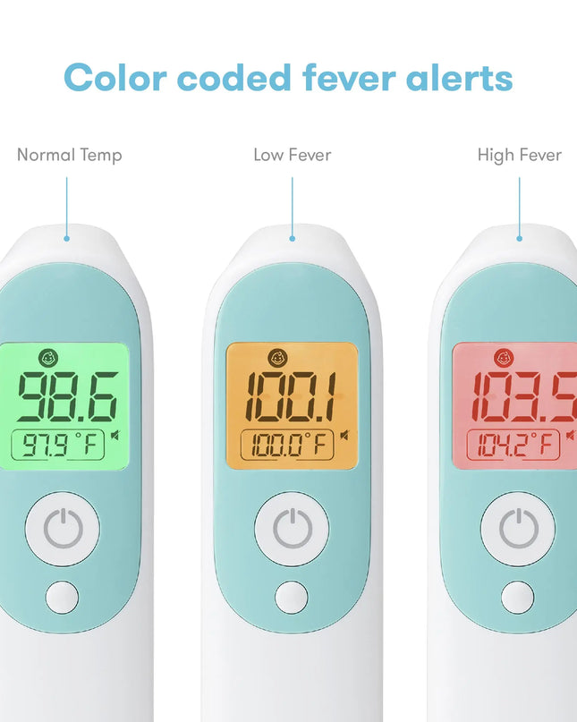 Three digital thermometers with color-coded fever alerts on a white background.