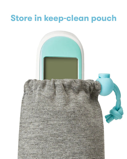 Gray drawstring pouch with a teal electronic device and small blue item on a white background