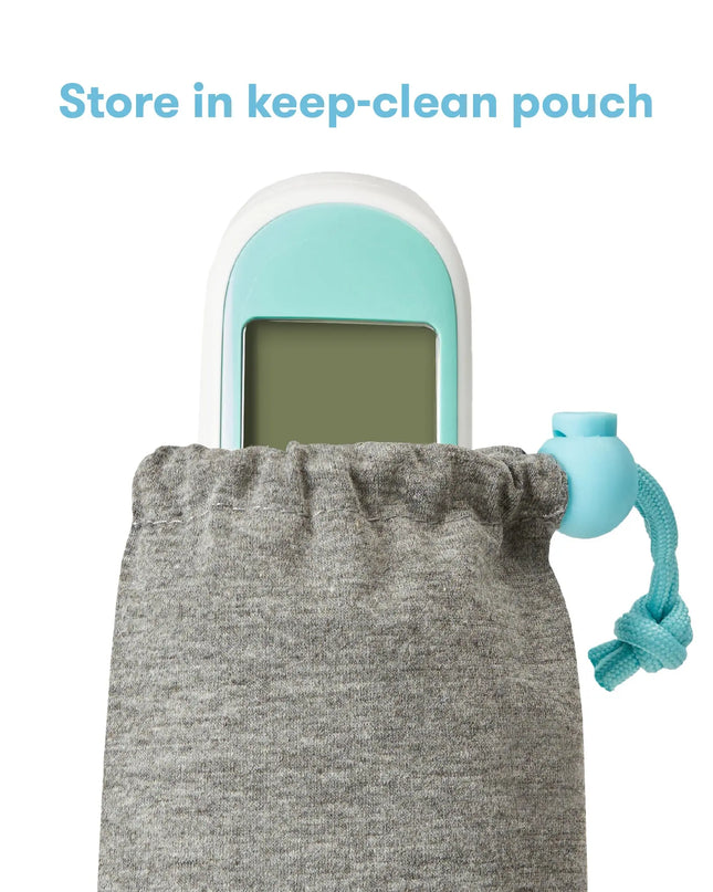 Gray drawstring pouch with a teal electronic device and small blue item on a white background