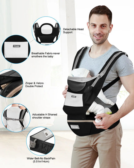 Man holding a baby in a black baby carrier with features highlighted on the left.