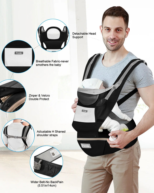 Man holding a baby in a black baby carrier with features highlighted on the left.