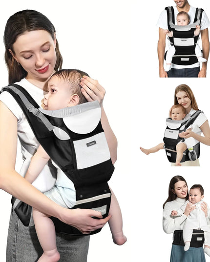 Woman holding a baby in a black and white baby carrier with additional images of the carrier in use.