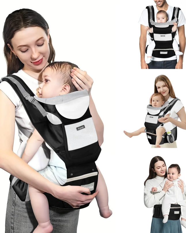 Woman holding a baby in a black and white baby carrier with additional images of the carrier in use.