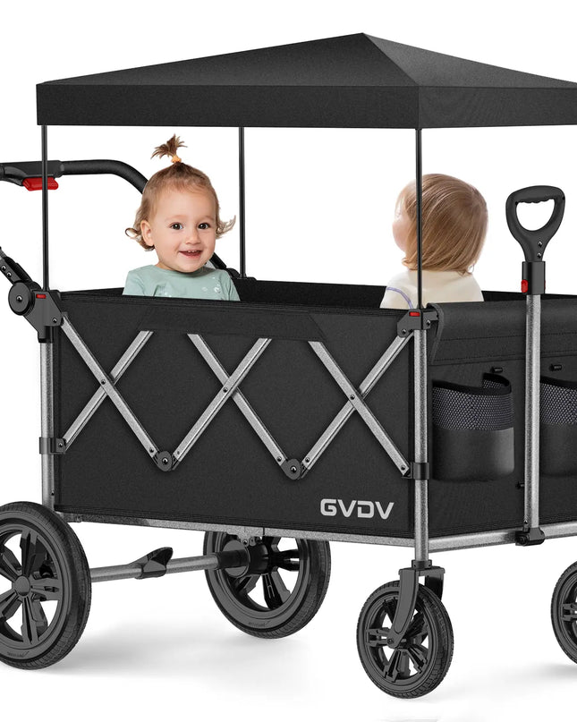 Black GVDV wagon with two children inside on a white background