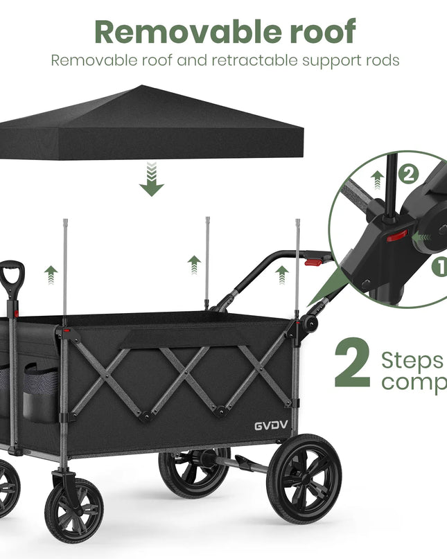 Black folding wagon with a removable roof and retractable support rods, featuring the brand 'GYDY'.