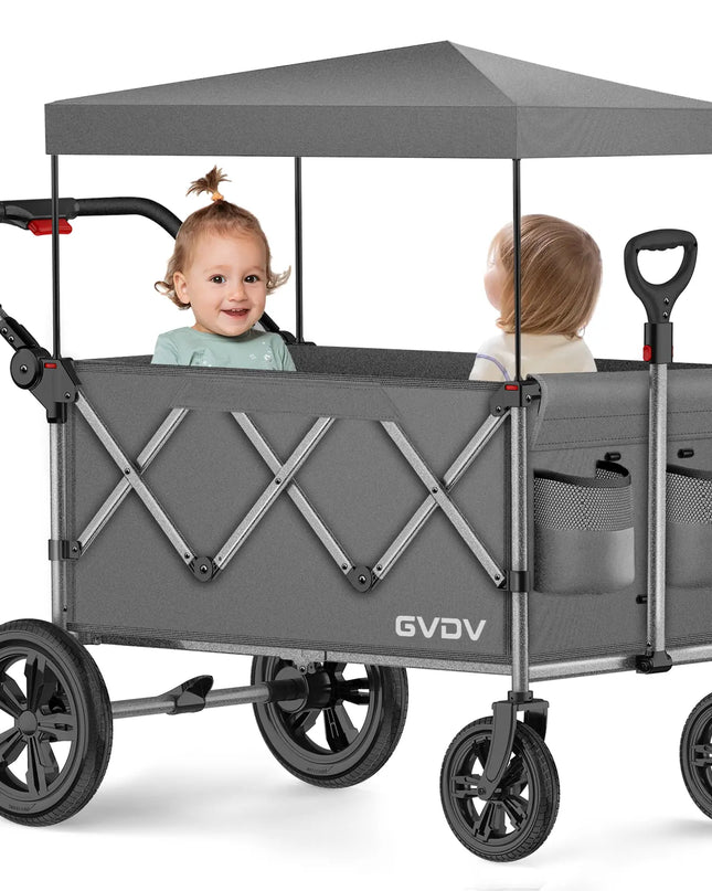 Gray wagon with canopy featuring two children on a white background, brand 'GVDV' visible.