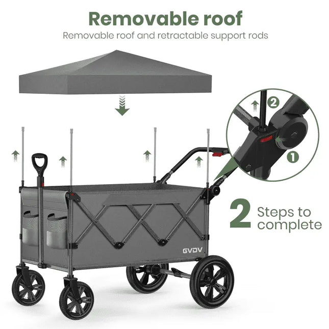 Gray folding wagon with a removable roof and retractable support rods, featuring the brand 'GYDY'.
