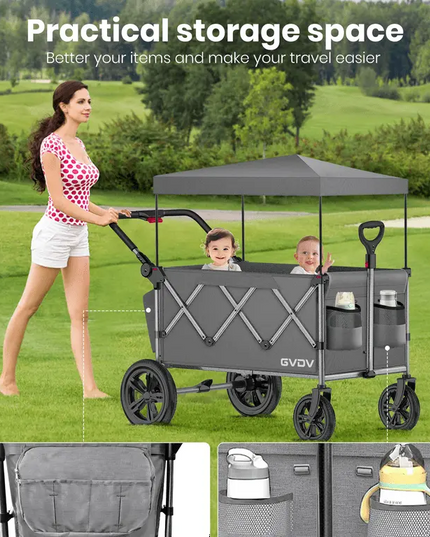 Woman pushing a gray wagon with canopy on a grassy field, featuring storage space and GVDV branding.