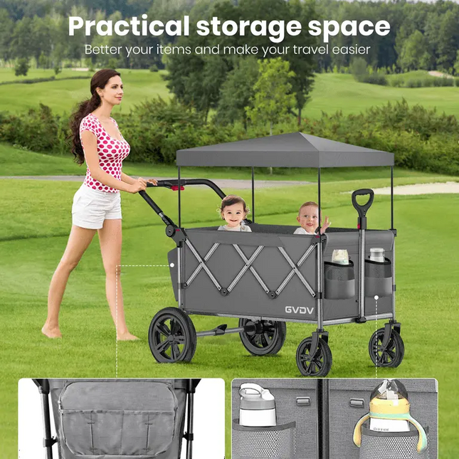 Woman pushing a gray wagon with canopy on a grassy field, featuring storage space and GVDV branding.