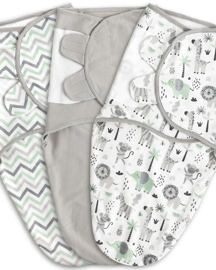 Three baby swaddle blankets with different patterns on a white background