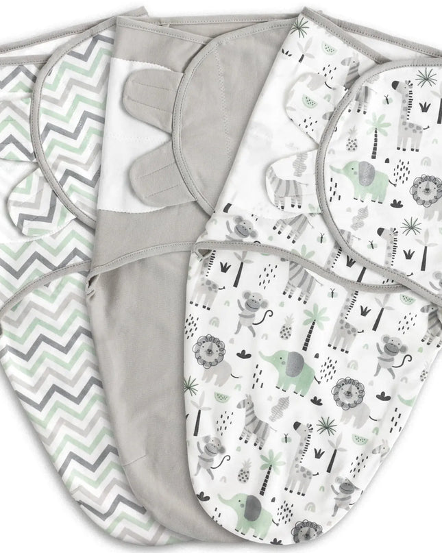 Three baby swaddle blankets with different patterns on a white background