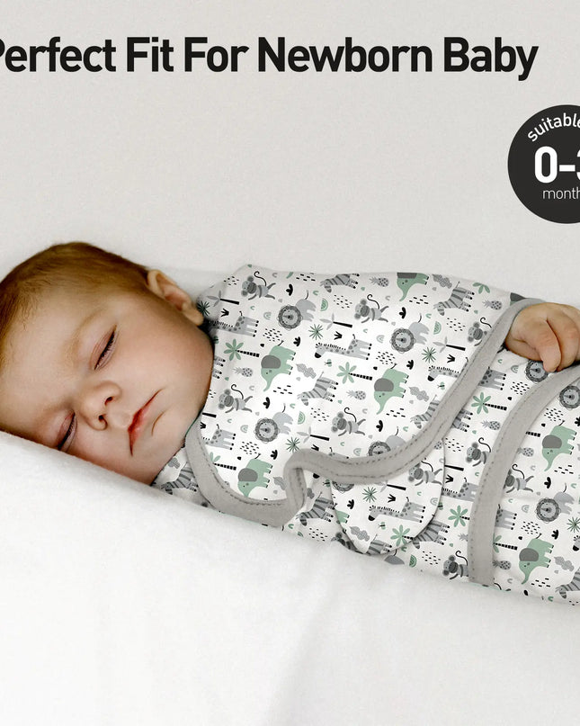 Newborn baby swaddled in a patterned blanket with text 'Perfect Fit For Newborn Baby' and age suitability label.
