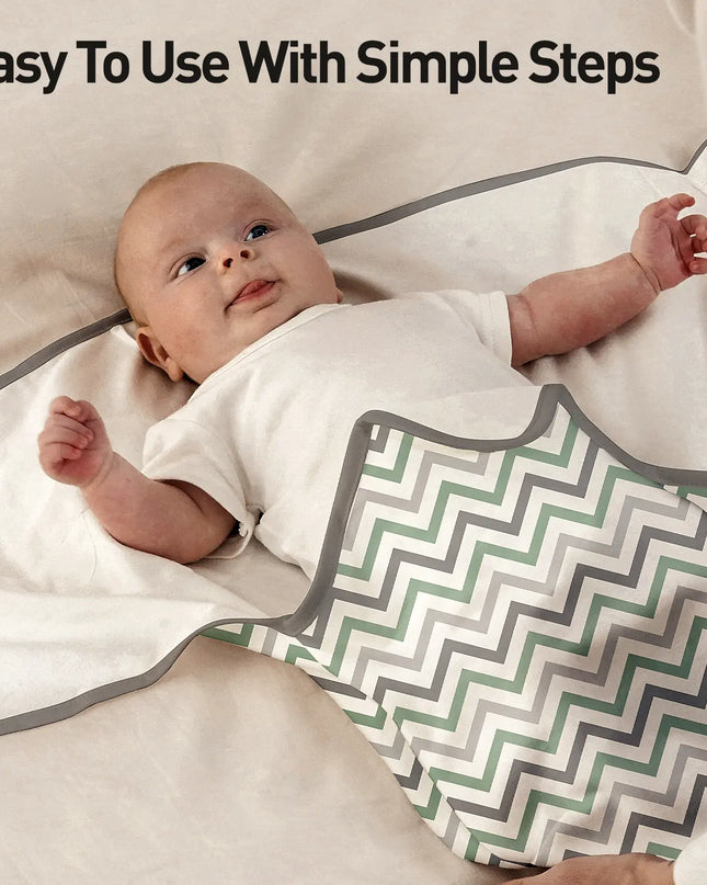 Baby lying on a zigzag patterned mat with text 'Easy To Use With Simple Steps'.