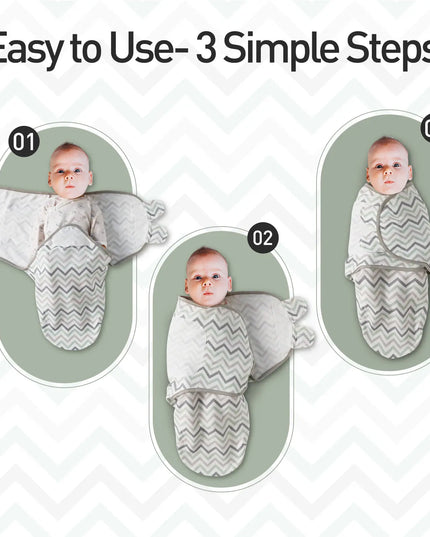Step-by-step guide on how to use a baby swaddle with three images labeled 01, 02, and 03.