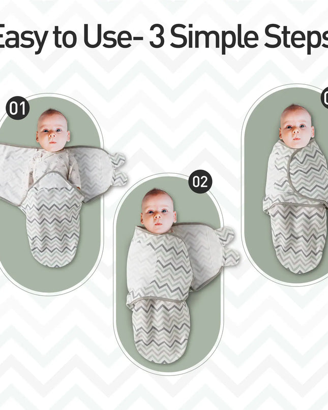 Step-by-step guide on how to use a baby swaddle with three images labeled 01, 02, and 03.