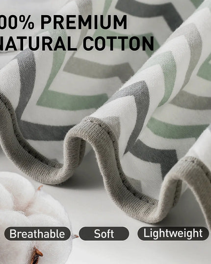 Textured fabric with pattern, cotton bolls, and text highlighting properties on a neutral background