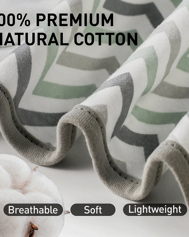 Textured fabric with pattern, cotton bolls, and text highlighting properties on a neutral background