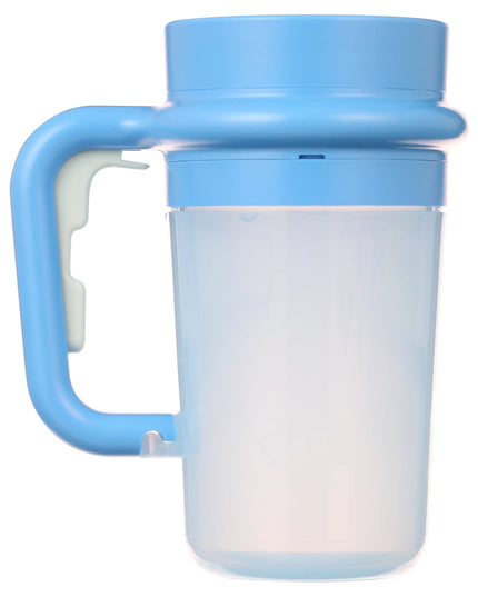 Blue and white plastic container with handle on a white background