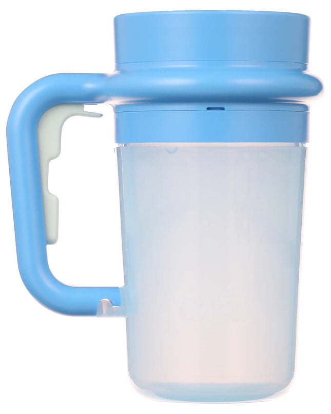 Blue and white plastic container with handle on a white background