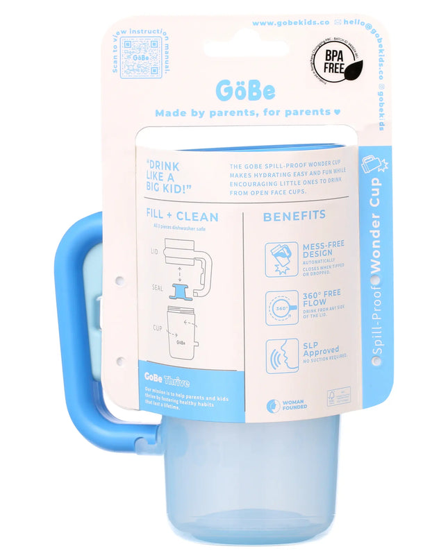 Blue sippy cup with packaging on a white background