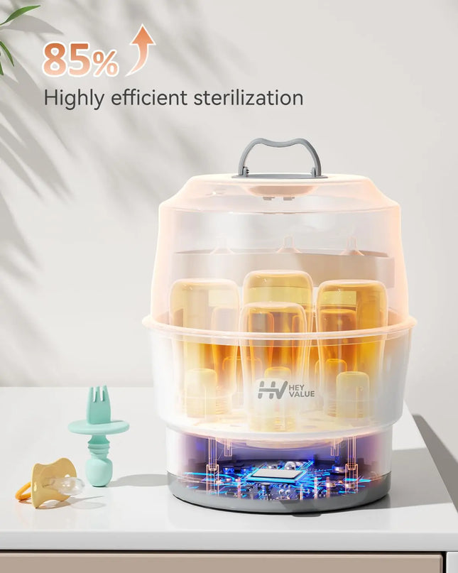 Sterilizer with bottles inside on a white background, highlighting sterilization efficiency.