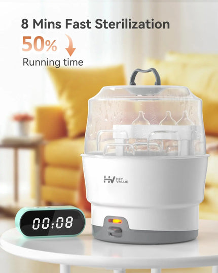 Sterilizer with running time display and text about fast sterilization on a blurred background