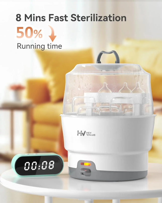 Sterilizer with running time display and text about fast sterilization on a blurred background