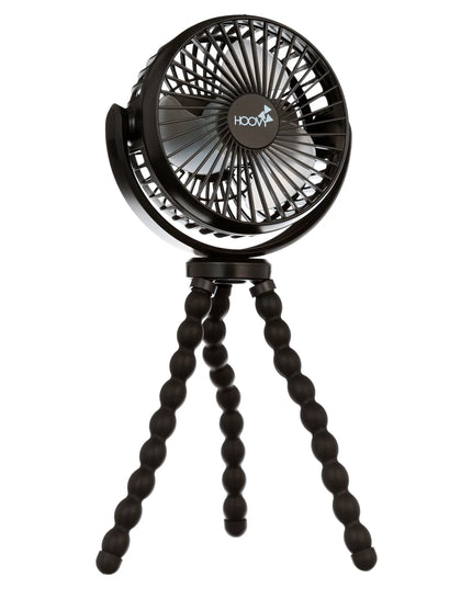 Black handheld fan with a tripod stand on a white background