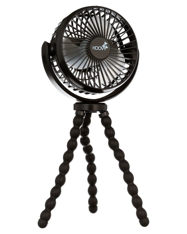 Black handheld fan with a tripod stand on a white background